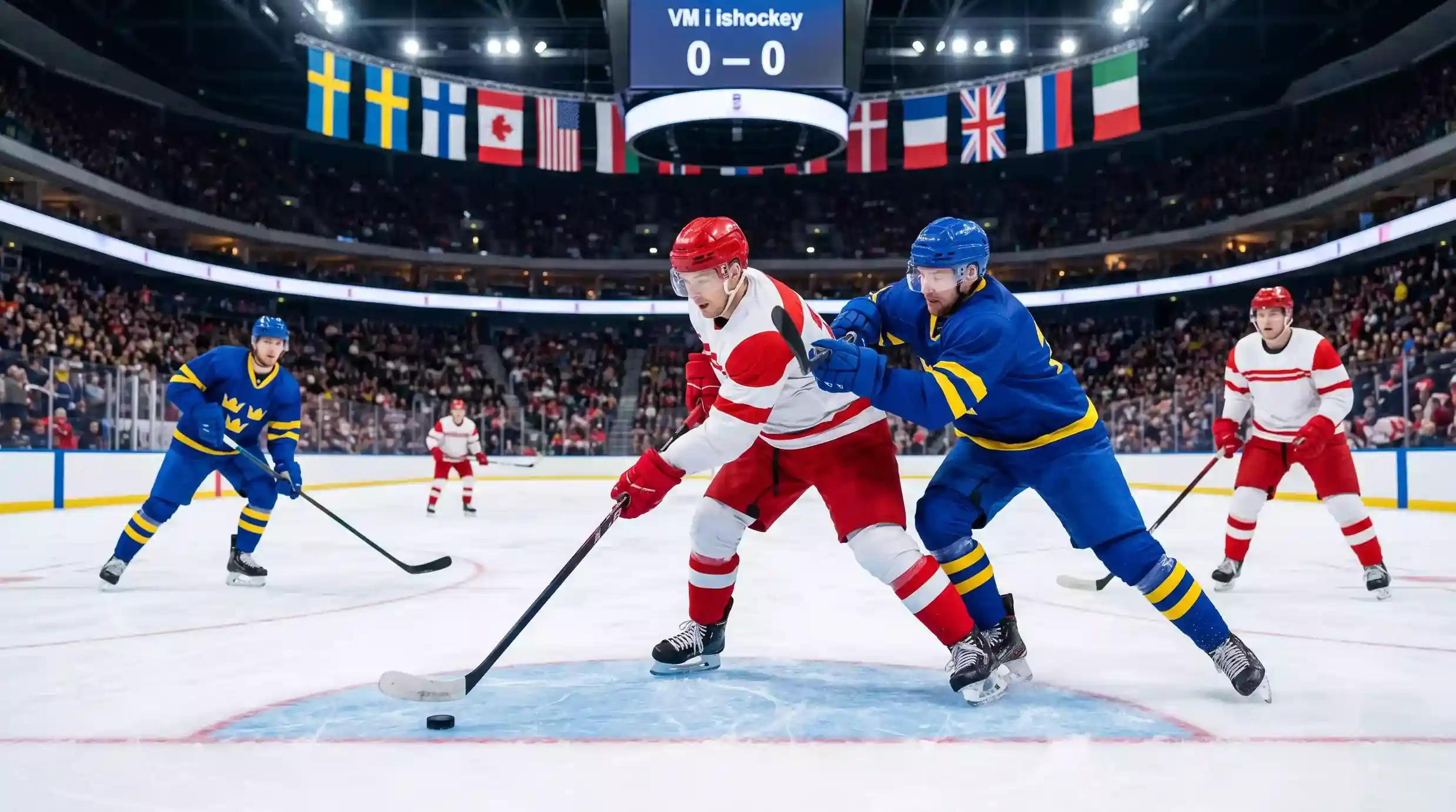 Hockey VM odds med flaggor och ishockeyspelare under internationell turnering