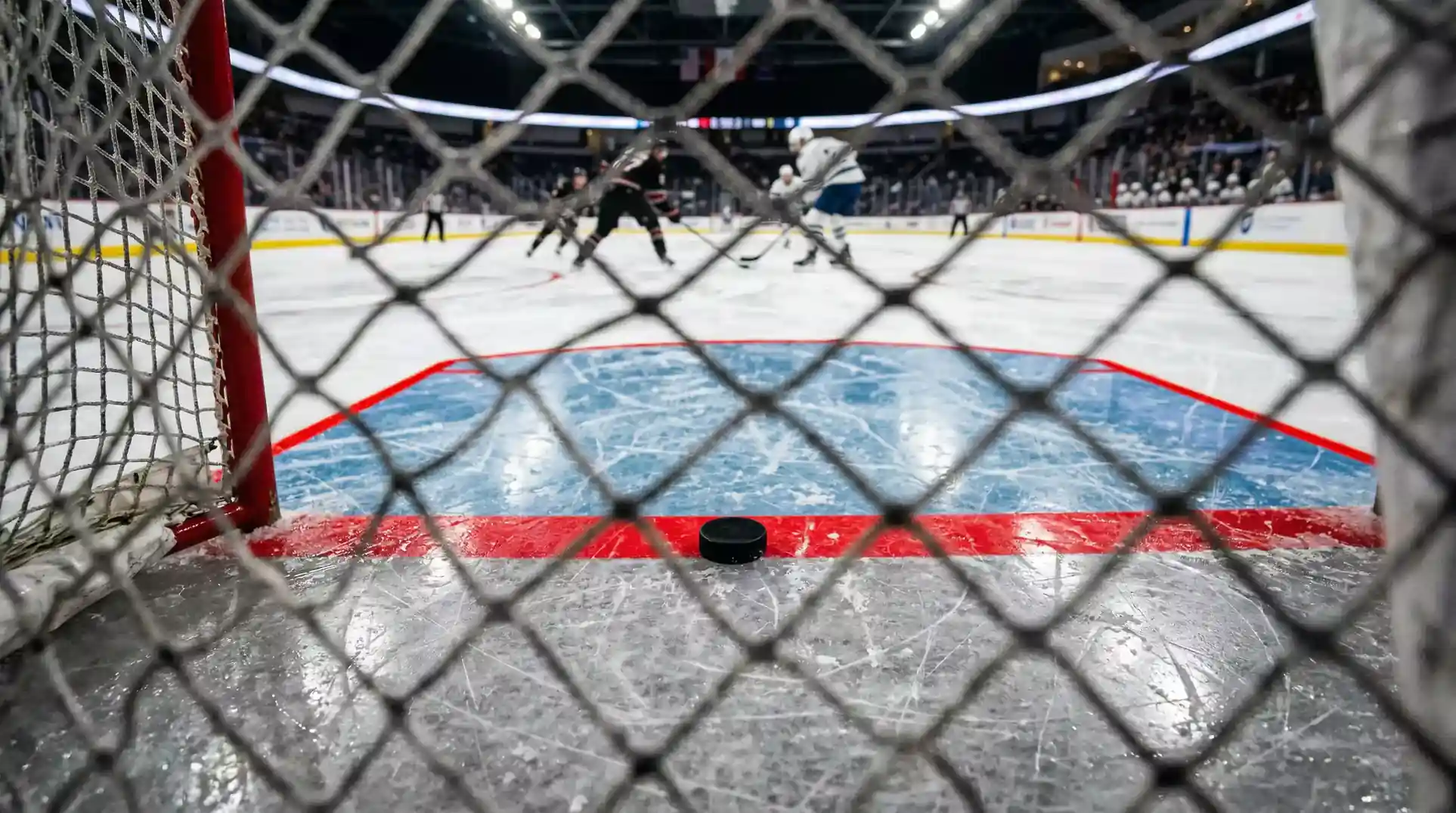 Närbild på ishockeymål med puck framför mållinjen i en upplyst arena